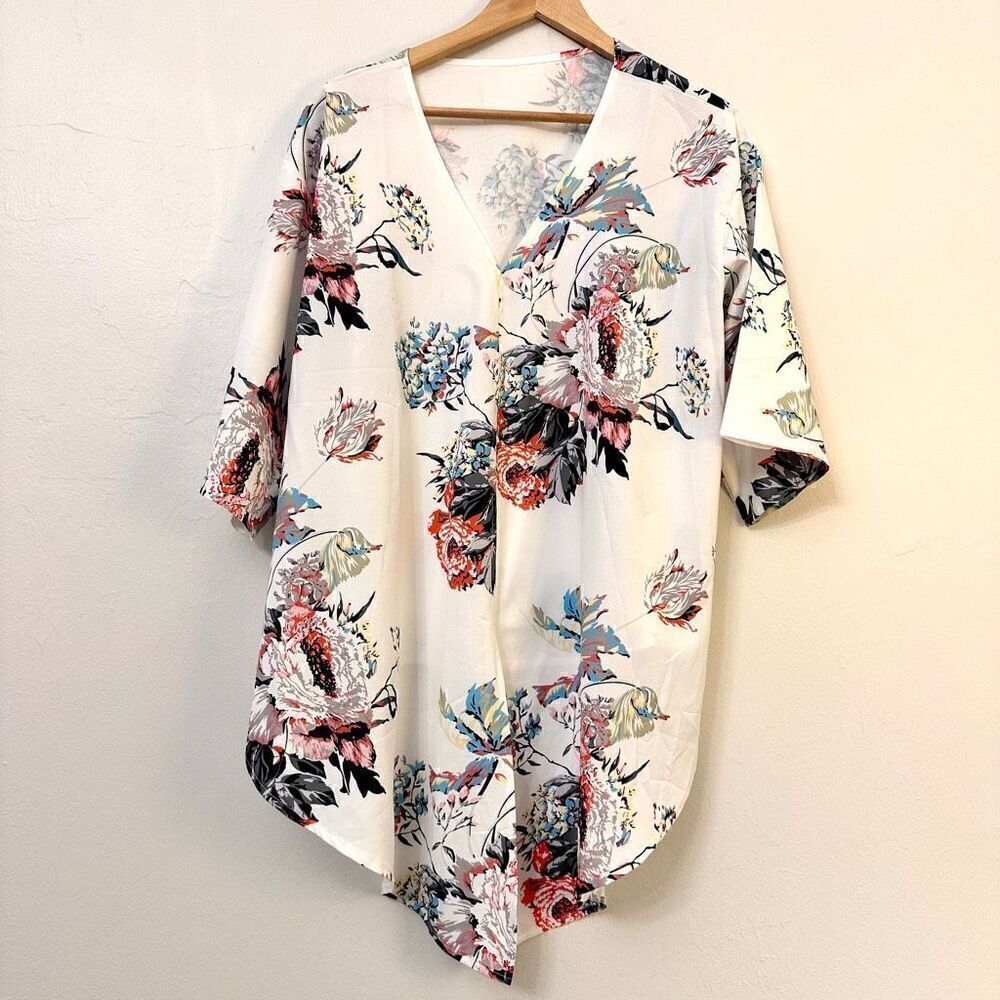 H&M Floral Print Short Sleeve V Neckline Multicolor Front Tie Blouse Large
